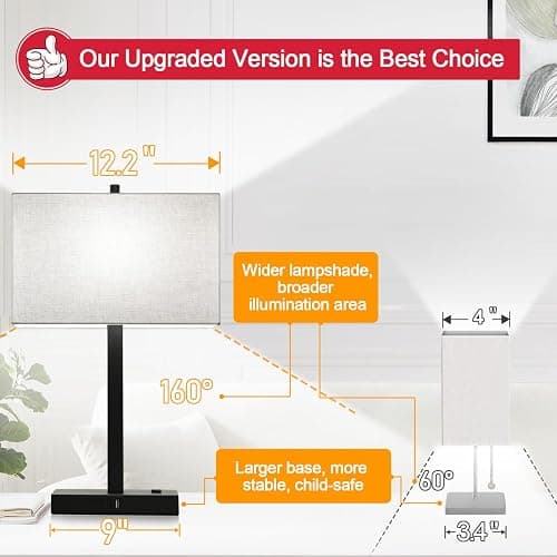 21" Touch Bedside lamps with 2 USB & AC Outlets, 3-Way Dimmable Bedside Table Lamps Set of 2 for Bedroom Living Room Office Reading, Gray Shade Lamps for Night Stands, 5000K LED Bulbs Included thumbnail 6