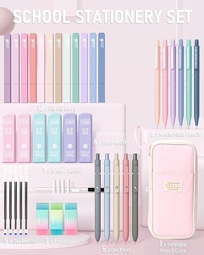 Four Candies 39 PCS Aesthetic School Supplies with Cute Pen Case, 12 Pastel Highlighters, 5 Black Ink Gel Pens, 6 Mechanical Pencils Set for Students Stationary College Essentials (Pink) thumbnail 6