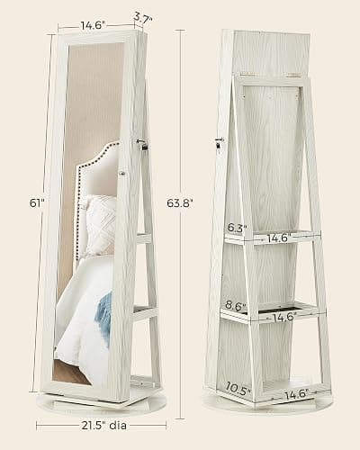 SONGMICS 360° Swivel Jewelry Cabinet, Lockable Jewelry Organizer with Full-Length Mirror, Rear Storage Shelves, Interior Mirror, Jewelry Armoire, Christmas Gifts, White with Gray Wood Grain UJJC006W01 thumbnail 3