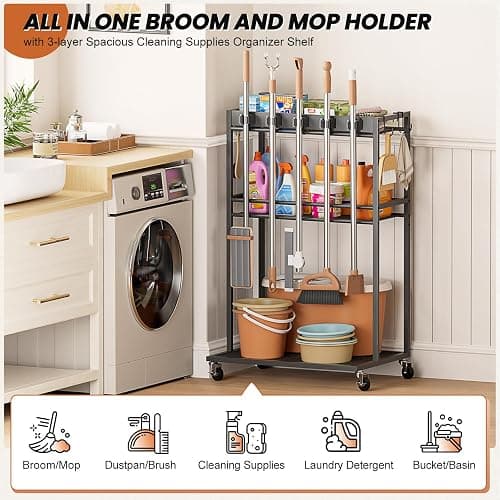 Broom Holder with Cleaning Supplies Organizer, Broom Closet Storage Cabinet with Mop Hanger Gripper Rack Hooks, Cleaning Housekeeping Janitorial Cart with Cleaning Caddy, Laundry Room Organization thumbnail 2
