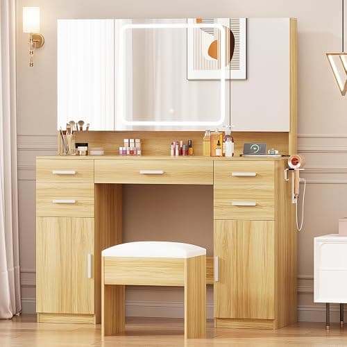Vanity Desk with Mirror and Lights, Tri-Folding Mirror Makeup Vanity with 7 Drawers, Large Vanity Table Set with 3 LED Light Modes and Cushioned Stool, Power Outlet, Perfect for Bedroom, Oak thumbnail 7