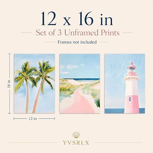 YVSRLX Set of 3 Pink Coastal Beach Wall Art Prints, 12x16 Inch Unframed Preppy Coastal Granddaughter Posters, Palm Tree Lighthouse Pictures for Teen Girls Bedroom Bathroom Dorm Decor thumbnail 3