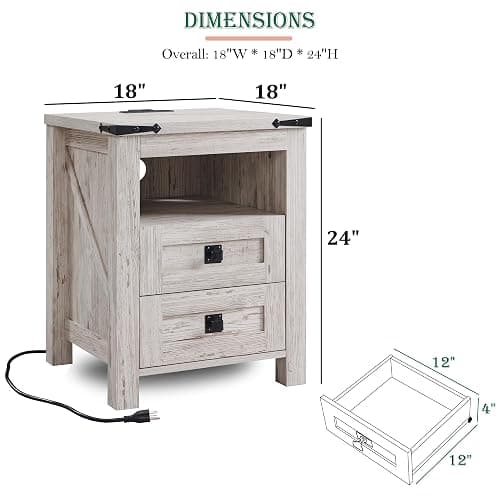 RedLemon 18" Farmhouse Nightstand with Charging Station, Antique Brush White thumbnail 2