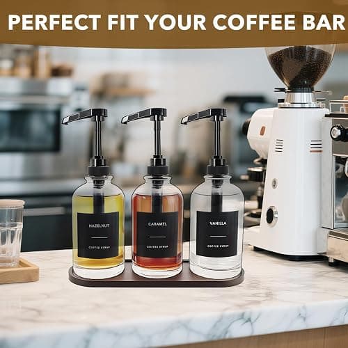 Coffee Syrup Dispenser for Coffee Bar, Glass Syrup Dispenser with 1/4oz Large Capacity Pump, Coffee Syrup Pump Dispenser Bottle for Coffee Station, Coffee Bar Organizer, Black with Tray,16.9oz thumbnail 2