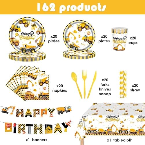 194Pcs Construction Plates Birthday Party Supplies Decorations Serve 24 | Includes Napkins Cups Tablecloth and Banner | Boys Construction Themed Birthday Party thumbnail 3