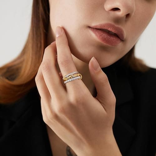 AIPULIDUO Gold Stackable Rings for Women Non Tarnish, 18K Gold Plated CZ Cubic Zirconia Rings, Golden Rings Set, Multi-Link Connected Rings thumbnail 4
