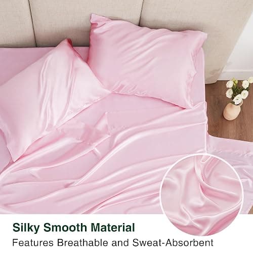 Love's cabin Full Size Satin Sheet Sets - 4 Piece Pink Silky Sheet Set Full with Deep Pocket, Luxury Silk Feel Bed Sheets Full Bedding Set (1 Flat Sheet,1 Fitted Sheet,2 Pillow Cases) thumbnail 3
