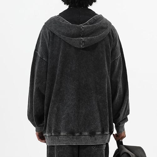 Bobeutou Mens Zip Up Acid Wash Hoodie Vintage Oversized Casual Fall Jacket Cotton Hooded Sweatshirts with Pockets Streetwear thumbnail 4
