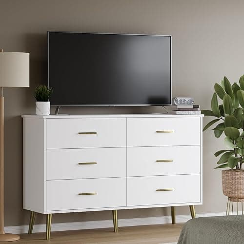 White Dresser for Bedroom, Dressers & Chests of Drawers for Clothes Storage, Wood Dresser for Closet with 6 Drawers, Wide Long Clothes Organizer with LED Light for Hallway, Entryway, Metal Handles thumbnail 8
