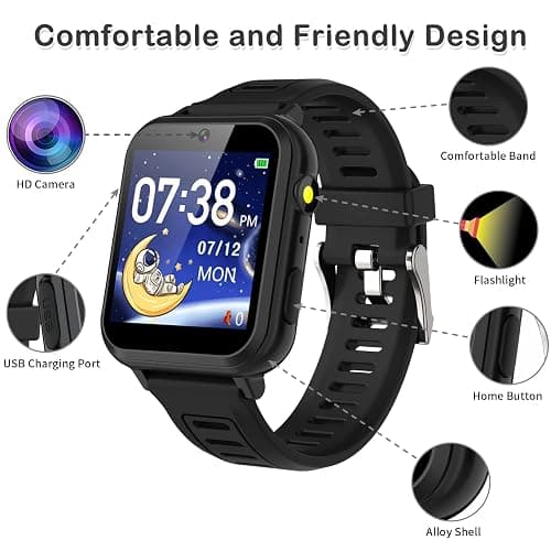 Phyulls Smart Watch for Kids, Smart Watch Toys with 39 Games Camera Video Recorder Music Alarm Calculator Calendar Flashlight Stopwatch Pedometer Gift Toys for 3-12 Years Old Boys and Girls (Black) thumbnail 2