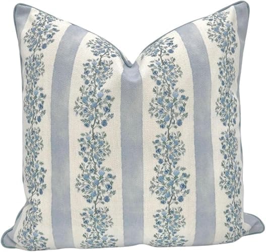 Jillien Harbor “The Juliet” Floral Block Print Pillow Cover – Soft Blue and Off-White Decorative Throw Pillow Cover – Grandmillennial Home Decor, 20" x 20" - Image 1