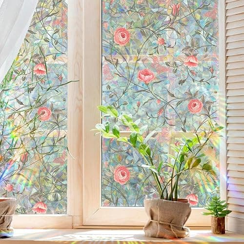 Sichtschutzfolie für Fenster, Retro-Rose, Buntglas-Aufkleber, rote Rose, Privatsphäre, Regenbogen-Aufkleber, Wohnzimmer, Sonnenblockierung, Dekoration, entfernbar, statisch, 43 x 100 cm thumbnail 5