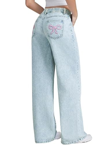EXARUS Girls Wide Leg/Flare Jeans Bow Embroidery/Leopard Print Denim Pants with Pockets Casual for Kids 6-14Y - Image 1