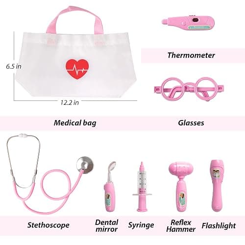 Phobby Kids Doctor Kit, 8 Pieces Toddlers Doctor Playset with Medical Storage Bag & Real Stethoscope, Pretend Play Doctor Toys Birthday Gift for Boys Girls Aged 3 4 5 6 (Pink) thumbnail 6