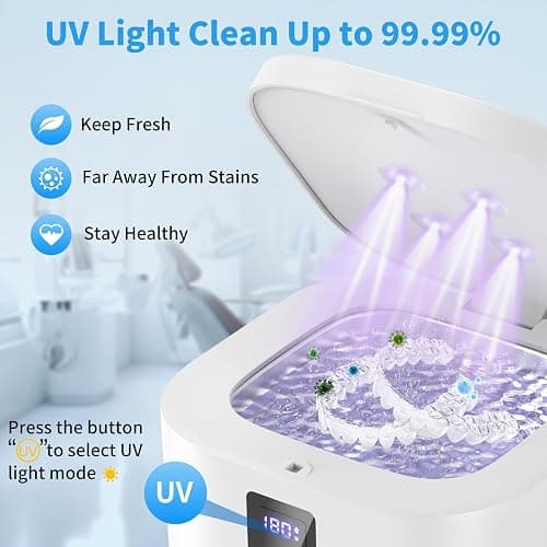 Ultrasonic Retainer Cleaner Machine, 48KHz Dental Cleaning Pod for Denture, Mouth Guard, Aligner, Night Guard, Braces, Toothbrush Heads, Jewelry with Digital Timer & 6 Modes, 13oz Capacity, White thumbnail 4
