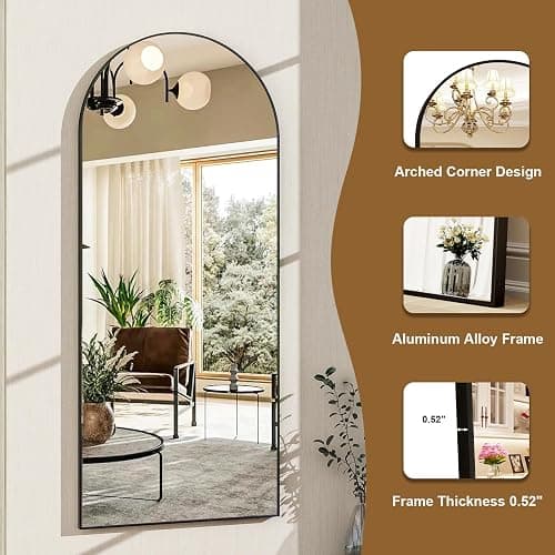 HARRITPURE 56"x21"Full Length Mirror Arch Floor Mirrors with Aluminum Alloy Frame Free-Standing Wall Mounted or Leaning Large Bedroom Dressing Mirror Modern & Contemporary Decor for Home,Black thumbnail 6