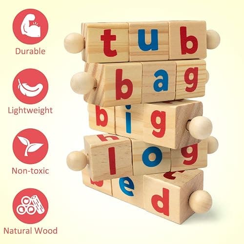 Coogam Wooden Reading Blocks Short Vowel Rods Spelling Games, Flash Cards Turning Rotating Letter Puzzle for Kids, Sight Words Montessori Spinning Alphabet Learning Toy for Preschool Boys Girls thumbnail 5