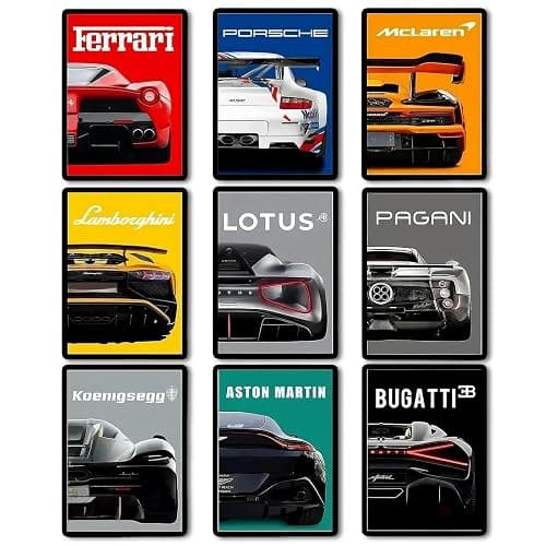 9 Stück Auto Posters, Supercar Poster, Supersportwagen Wall Art für Jungen und Männer, Schlafzimmer, Rennwagen-Wandkunst für Büro Wohnzimmer, Wohnzimmer, Geschenk für Autoliebhaber, Jugendliche - Image 1