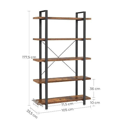 VASAGLE Bookshelf, 5-Tier Industrial Stable Bookcase, Storage Rack, Standing Shelf, Easy Assembly, Living Room, Bedroom, Office, Rustic Brown and Black LLS55BX thumbnail 3