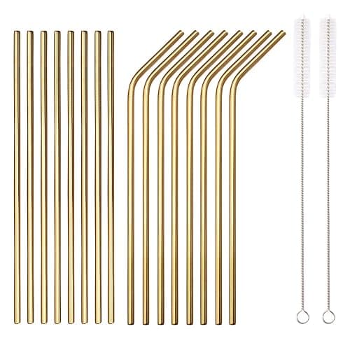 18 Piece Gold Stainless Steel Straws, 8.5 '' Reusable Drinking Straws,with Portable pouch,Suitable for wine and cold drinks (8 Straight/8 Bent/2 Brushes) - Image 1