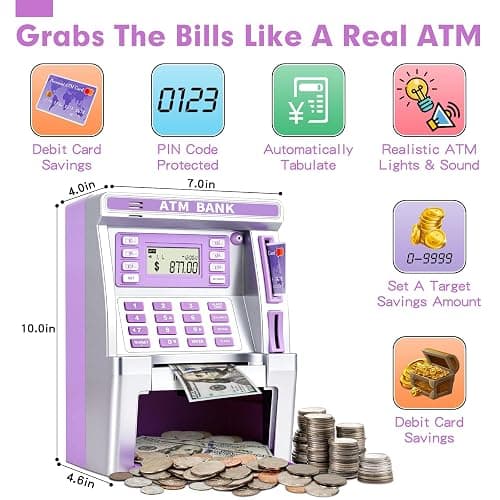 Purple Piggy Bank for Kids, ATM Machine Bank for Real Money with Debit Card, Bill Feeder, Coin Recognition, Balance Calculator, Electronic Savings Safe Box, Gifts for Teen Boy Girl thumbnail 3