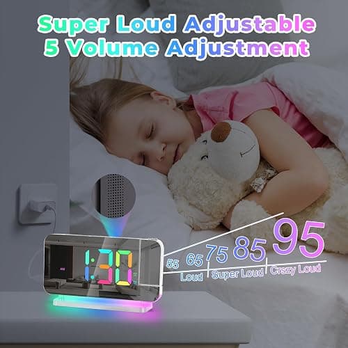Poeroa Projection Clock, 7.4" LED Mirror Digital Alarm Clocks, with RGB Night Light, 180° Rotatable Projector,USB C Charger Port, Auto Dimmer, Modern Desk Clock for Teens Girl Adults Bedroom - White thumbnail 7