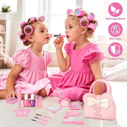 Kids Real Makeup Kit for Girls - 18Pcs Non-Toxic Washable Make Up Toys with Initial Toddler Purse - Personalized Birthday Gifts for Age 3 4 5 6 7 8 9 10 Years Old Girls Vanity Set - Z thumbnail 2