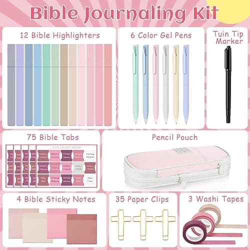 Dunzoom 33 Pcs Bible Study Supplies Kit for Women Bible Journaling Kit Christian Gifts No Bleed Highlighters Pens Case Tabs Tapes Sticky Notes Paper Clips Markers for Students Beginner(Pink) thumbnail 2