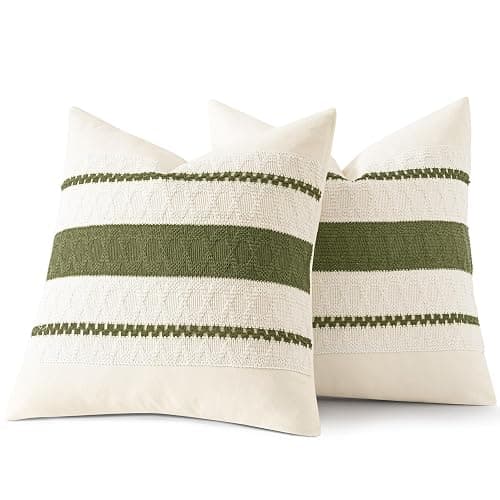 Woaboy Set of 2 Decorative Pillow Covers Boho Farmhouse Couch Throw Pillows Modern Cotton Cushion Covers Macrame Woven Spring Home Decor for Bed Sofa Chair 18x18 Inch Olive Green thumbnail 7