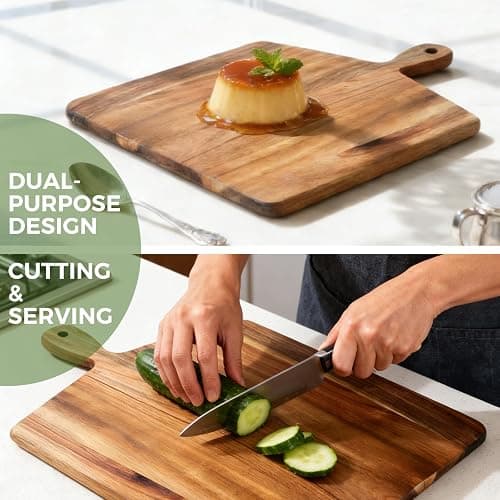 S310 Acacia Wood Cutting Board with Handle, Wooden Chopping Board for Meat, Cheese, Bread & Vegetables, Decorative Charcuterie Serving Board for Kitchen Cooking, Pizza & Party Dining, 17"x13" thumbnail 6