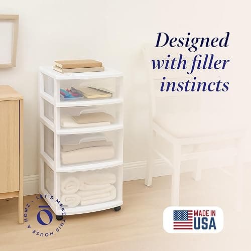 HOMZ Drawer Tower, 4-Tier Clear Plastic Storage Organizer Cart, White Frame – Rolling Containers with Wheels for Bathroom, Bedroom, Office, and Classroom Organization thumbnail 4