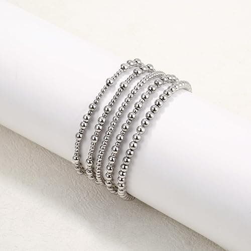 Badu Silver Beaded Bracelets for Women no tarnish Silver plated Stackable Bead Ball Bracelet Stretchable Elastic Hypoallergenic Trendy thumbnail 7