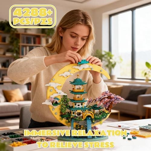 HJPLPXH Chinese Moon Palace Architecture Building Set,Cherry Blossom Bonsai Bricks, Micro Japanese Sakura Tree House Model,Moon-Themed Building Kit.Ideal Gift for Adults & Teens. thumbnail 2