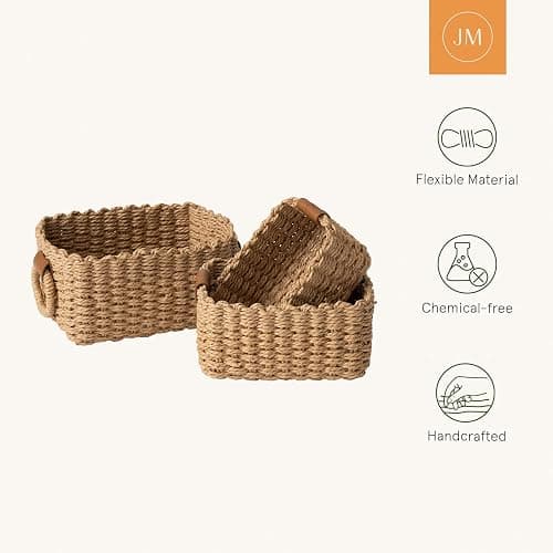 LA JOLIE MUSE Small Wicker Baskets for Organizing, Recycled Paper Rope Storage Basket Container Bins for Shelves Bathroom Cupboards Drawer, Decorative Square Basket Organizer Set of 3 thumbnail 5