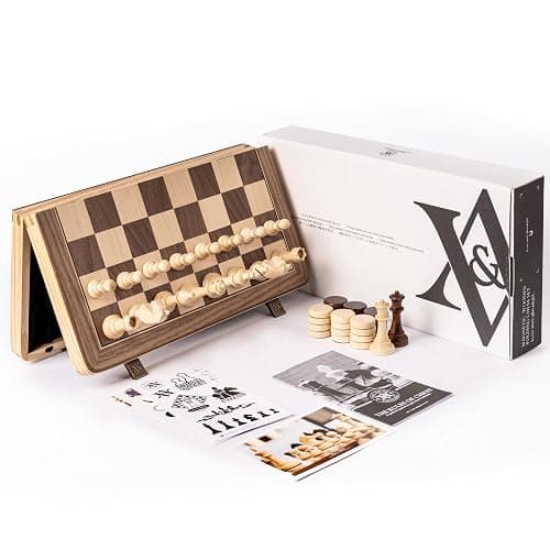 A&A 15" Magnetic Wooden Chess & Checkers Set/Folding Board / 3" King Height German Knight Staunton Chess Pieces/Walnut & Maple Inlaid /2 Extra Queen thumbnail 7