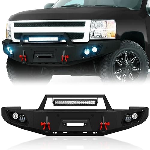 YZONA for Silverado 1500 Pickup Truck Front Bumper Compatible with 2007-2013 Chevy Chevrolet Silverado 1500 with 5 x LED Lights, Winch Plate, License Plate Frame, Sensor Holes & D-rings, Black - Image 1