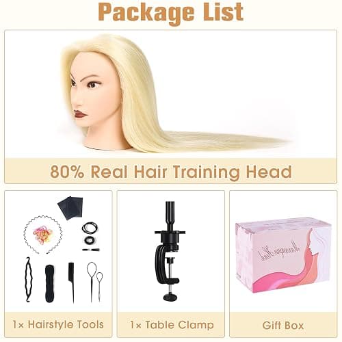 MYSWEETY Mannequin Head Human Hair, 26" Cosmetology Mannequin Head with 80% Human Hair, Doll Head for Hair Styling with Clamp Holder and Tools (White) thumbnail 7