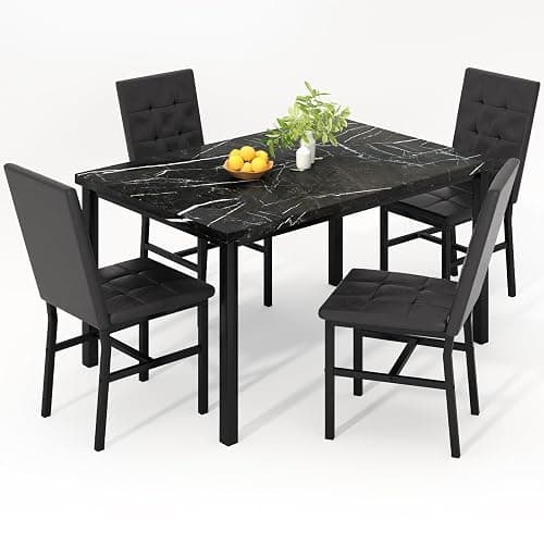 Hooseng Kitchen Table Set 5 Piece Dining Room Table Set Marble Dining Table 4 Chair Dining Table Set for Kitchen Living Room Breakfast Small Spaces (Black) - Image 1