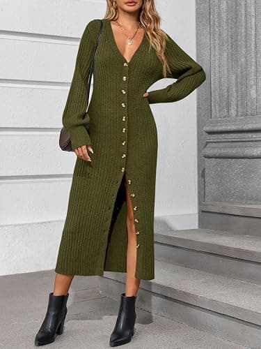 Saodimallsu Womens Long Cardigans V Neck Button Down Chunky Knit Dusters Sweater Coat Fall Trendy Maxi Sweater Dress thumbnail 5