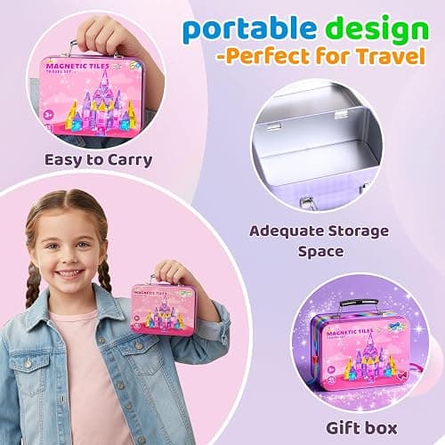 SKTMYY Mini Magnetic Tiles,45PCS Portable Travel Magnetic Tiles Set with Iron Case for Kids Ages 3+,Creative STEM Montessori Toy for Girls,2 3 4 5 Year Old Girl Birthday Gift thumbnail 3