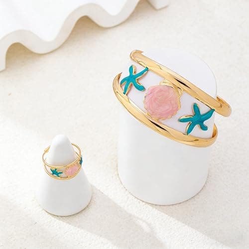 Nojess Boho Ocean Starfish Shell Open Cuff Bangle Bracelet Ring Set for Women Enamel Statement Summer Vacation Beach Jewelry thumbnail 5