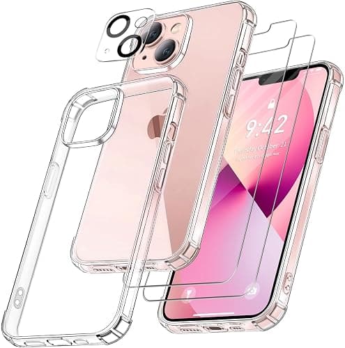 FLLAO 4 en 1 Coque pour iPhone 13 avec 2 Verre Trempé et 1 Caméra Protecteur, [Coussin d'air Intégré] Antichoc Antirayures Bumper Protection Housse pour iPhone 13 6.1", Transparent - Image 1