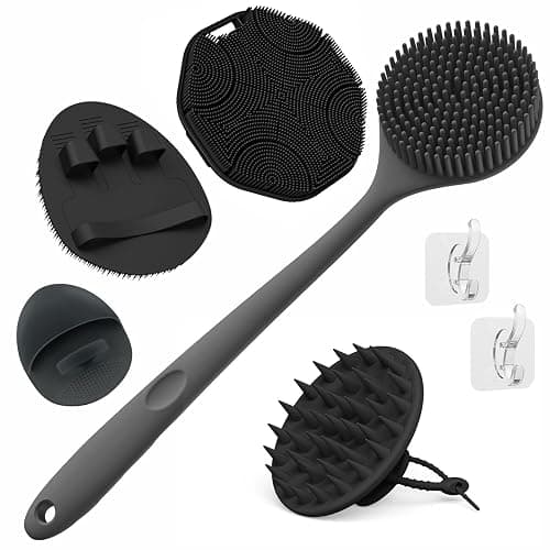 Manmihealth Silicone Back Scrubber & Soft Bath Glove, Silicone Scalp Massager Set 5 PCS, Super-Exfoliating Body Scrubber Shower Brush & Shampoo Brush Combination, with 2 Free Hooks (Style 1 Black) - Image 1
