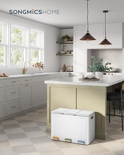 SONGMICS HOME Mülleimer Küche, 3 x 15 L Fächer, Abfalleimer mit farbcodierbaren Pedalen, Mülltrennsystem, mit Deckeln und Inneneimern, Stahl, wolkenweiß LTB740W02V1 thumbnail 2