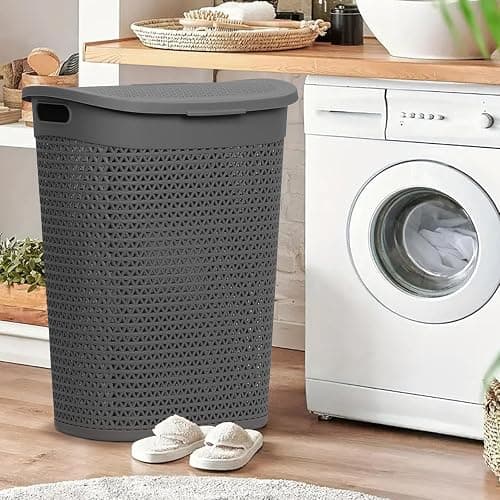 60L Laundry Basket with Lid - Large Plastic Washing Basket with Handles - Heavy-Duty Rattan Laundry Bin Hamper Clothes Storage Organiser for Bedroom & Bathroom - Grey, 60 Litre thumbnail 2