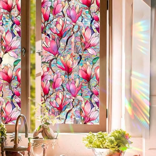 Fenster-Sichtschutzfolie, Motiv: Regenbogen-rosa Magnolien-Blüten, Sonnenschutz, dekorativ, PVC, Buntglas-Fensteraufkleber, nicht klebend, statisch haftender Aufkleber für Zuhause, Büro, 43,02 x thumbnail 6