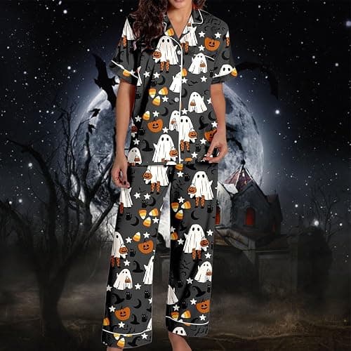 LVOFTJU Halloween Pajamas Women Fall Cute Satin Ghost Pumpkin Print Short Sleeve Button Top and Pants Matching Sleepwear thumbnail 4