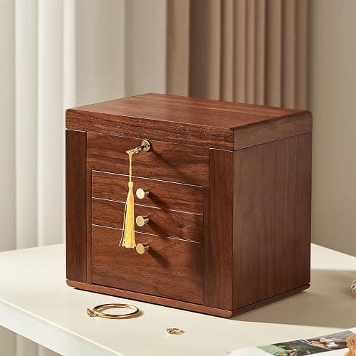 Homruilink Black Walnut Wooden Jewelry Box, Wood Jewelry Organizer with 2 Side Doors Mirror Lockable Classical for Watch Necklace Ring Earring Storage Christmas Gifts-4 Layer with Curved Ring Grooves thumbnail 3