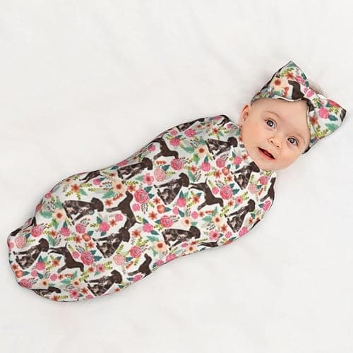 German Shorthaired Pointer Dogs Flower Floral Newborn Swaddle Blanket with Headband Set Soft Nursery Shower Gift Set for Unisex Baby thumbnail 8