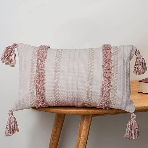 MeMoreCool Boho Tufted Lumbar Pillow Cover 12×20 with Tassels, Neutral Farmhouse Decorative Throw Pillow Case for Couch & Bed, 100% Cotton Woven, Hidden Zipper, Pink (Cover Only) - Image 1